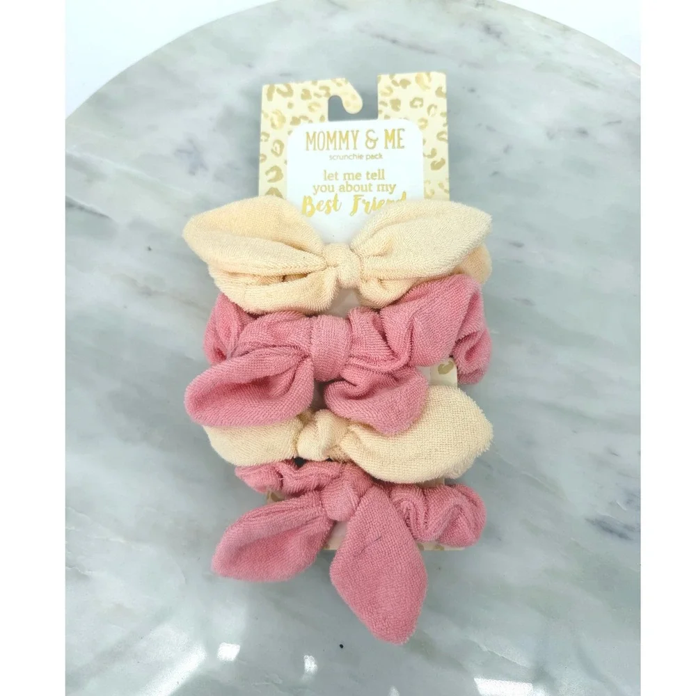 Mommy & Me 4-Pack Terry Cloth Bow Scrunchies Pink Cream Hair Ties New